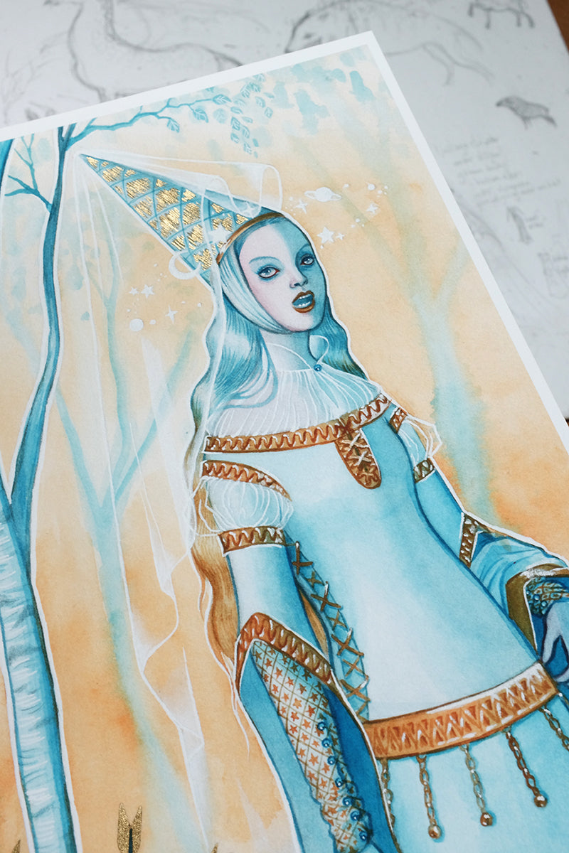 Lady and Unicorn – A3 print with genuine gold leaf