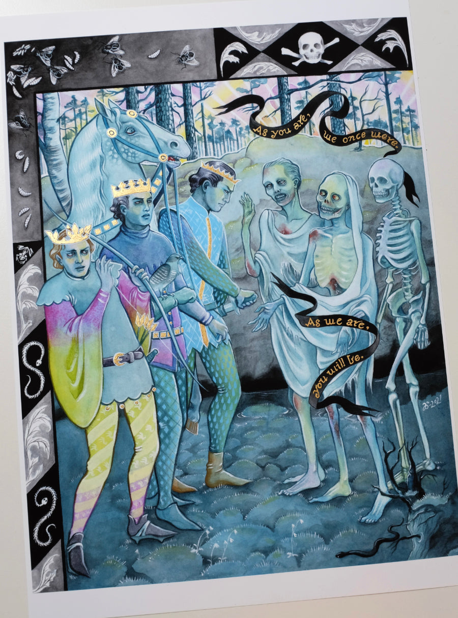 The Three Living and the Three Dead – A3 print with genuine gold leaf