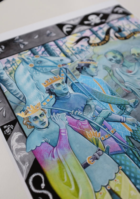 The Three Living and the Three Dead – A3 print with genuine gold leaf