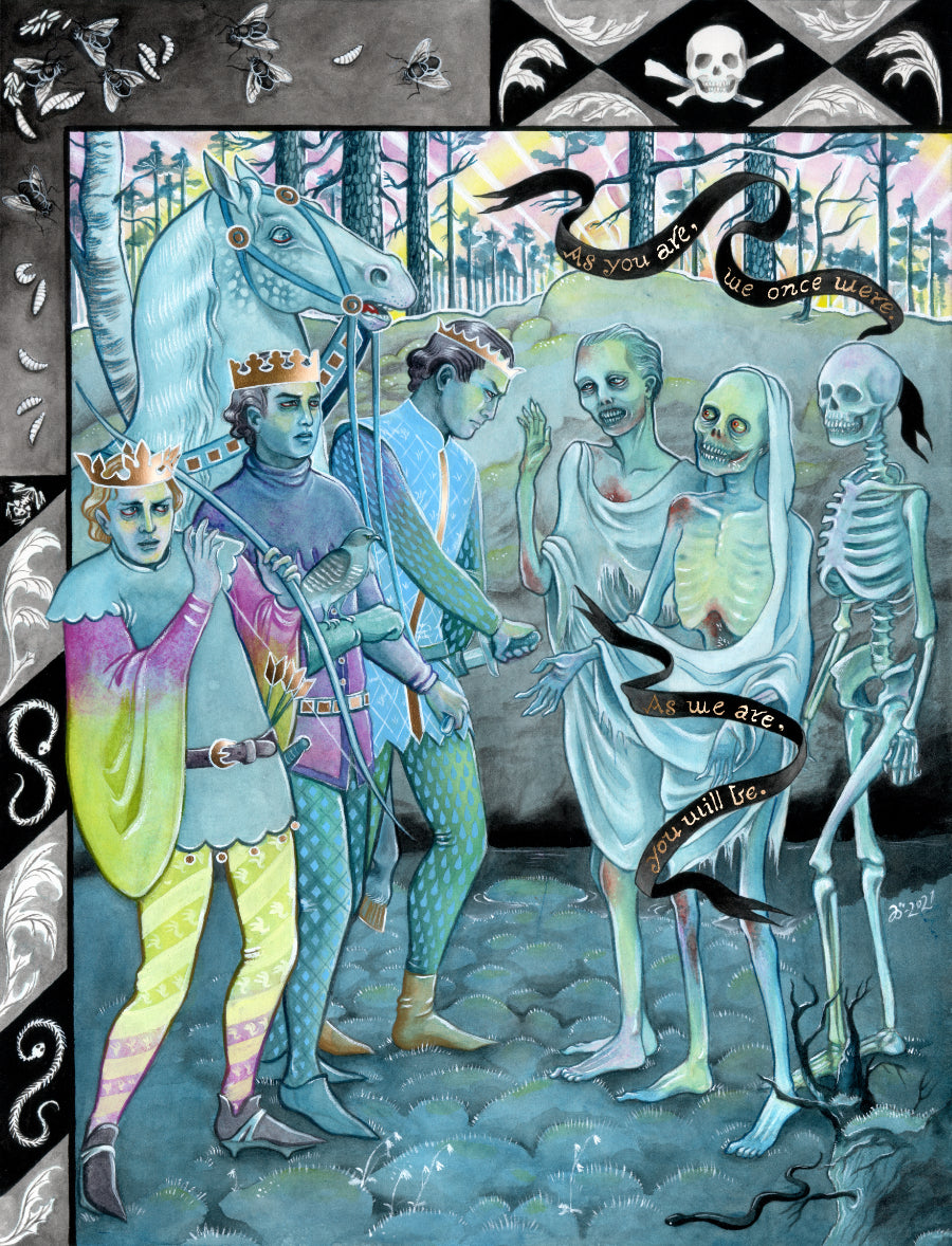 The Three Living and the Three Dead – A3 print with genuine gold leaf