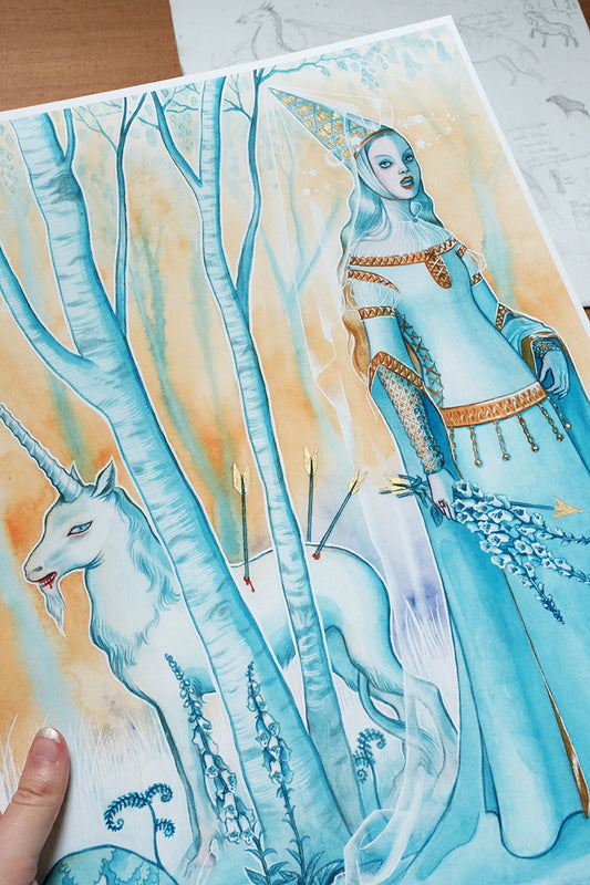 Lady and Unicorn – A3 print with genuine gold leaf