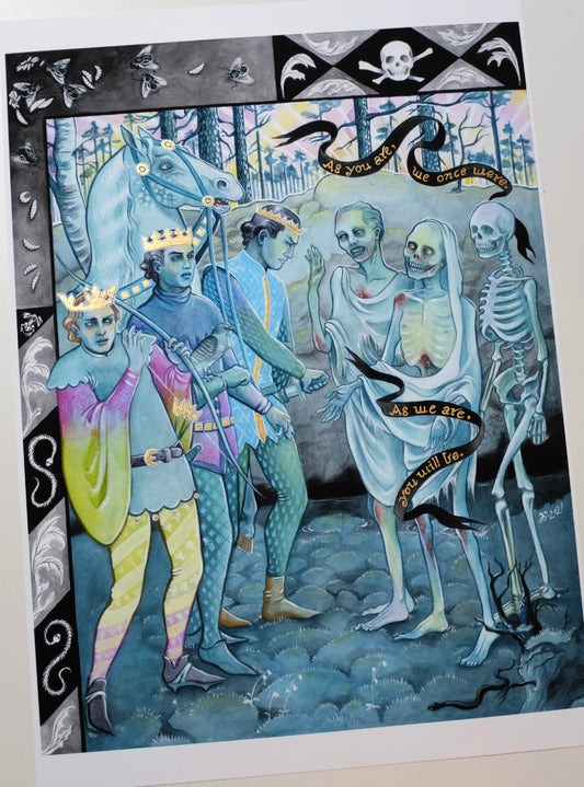 The Three Living and the Three Dead – A3 print with genuine gold leaf
