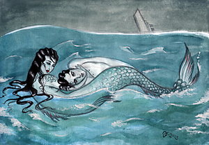 The Little Mermaid Saves the Prince - original art